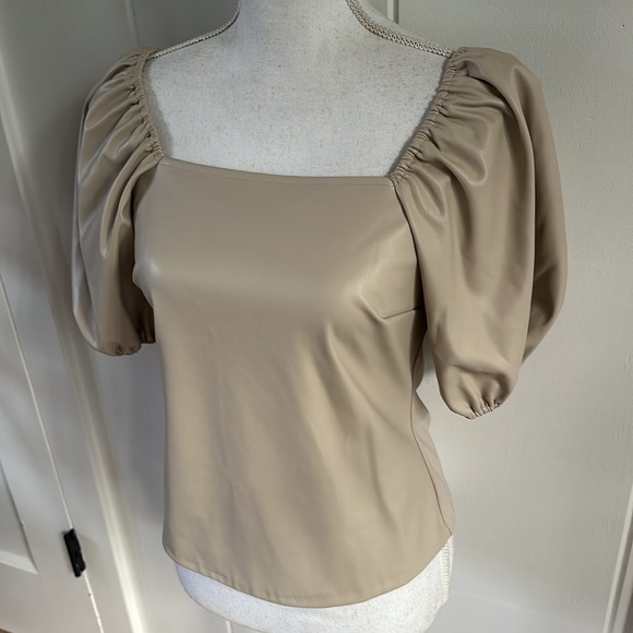 Boston Proper Faux Leather Puff Sleeve top! So cute - Picture 6 of 8